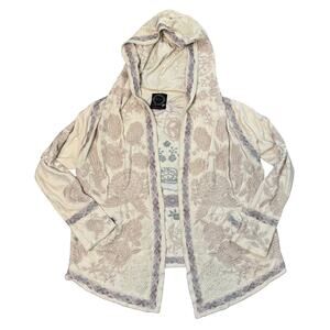 Johnny Was BIYA Bronwen Hooded Cardigan Sweater Size M Cream Embroidered Boho
